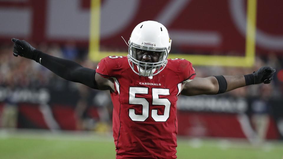 Arizona Cardinals outside linebacker Chandler Jones (55) during the first half of an NFL football game against the Los Angeles Rams, in Glendale, ArizRams Cardinals Football, Glendale, USA - 03 Dec 2017.