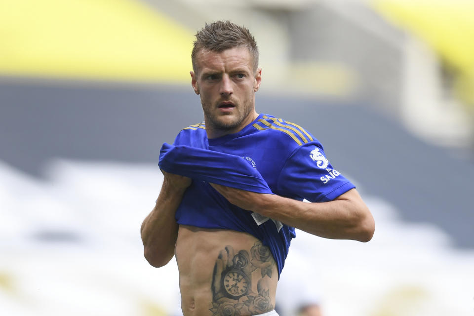 Leicester's Jamie Vardy walks on the pitch during the English Premier League soccer match between Tottenham Hotspur and Leicester City, at the Tottenham Hotspur Stadium in London, Sunday, July 19, 2020. (Michael Regan/Pool Photo via AP)