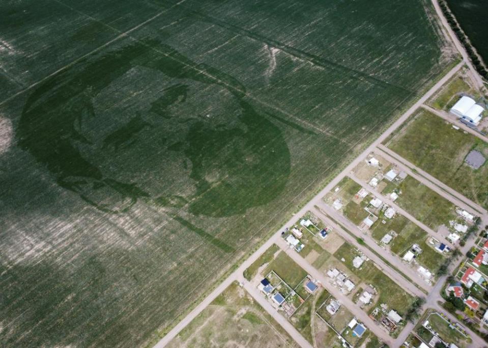 The face of Lionel Messi is depicted in a cornfield on the outskirts of Cordoba, Argentina.