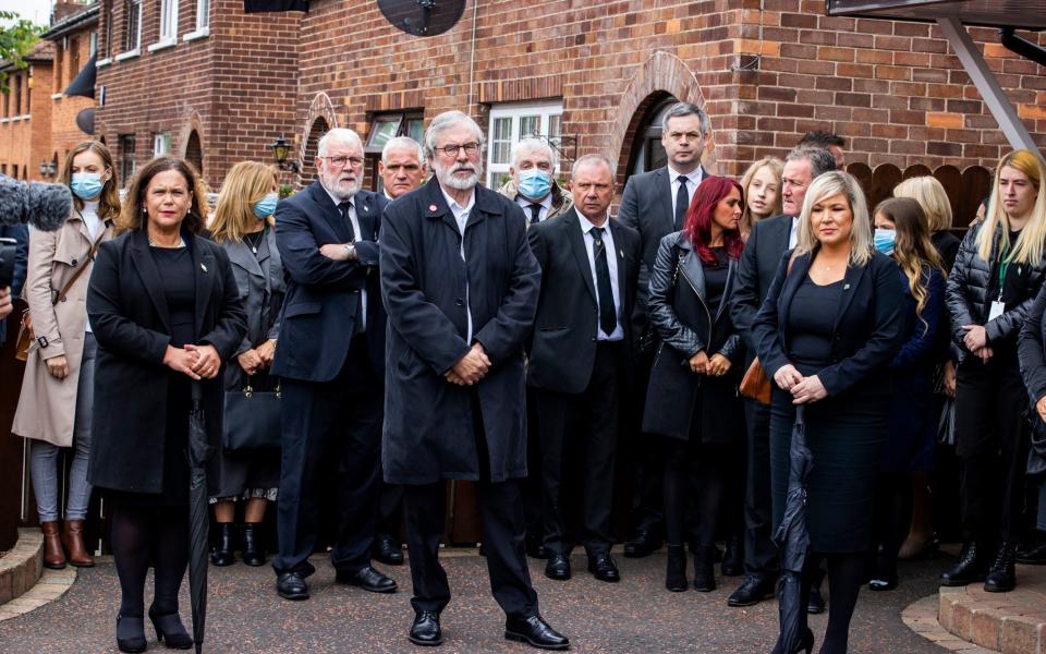 Sinn Fein leader Mary Lou McDonald, former Sinn Fein leader Gerry Adams, and Deputy First Minister Michelle O'Neill attending the funeral of senior Irish Republican and former leading IRA figure Bobby Storey - Liam McBurney/PA