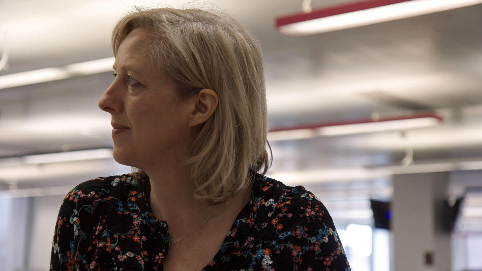 This image released by Netflix shows Carole Cadwalladr, journalist for The Guardian, in a scene from "The Great Hack." (Netflix via AP)