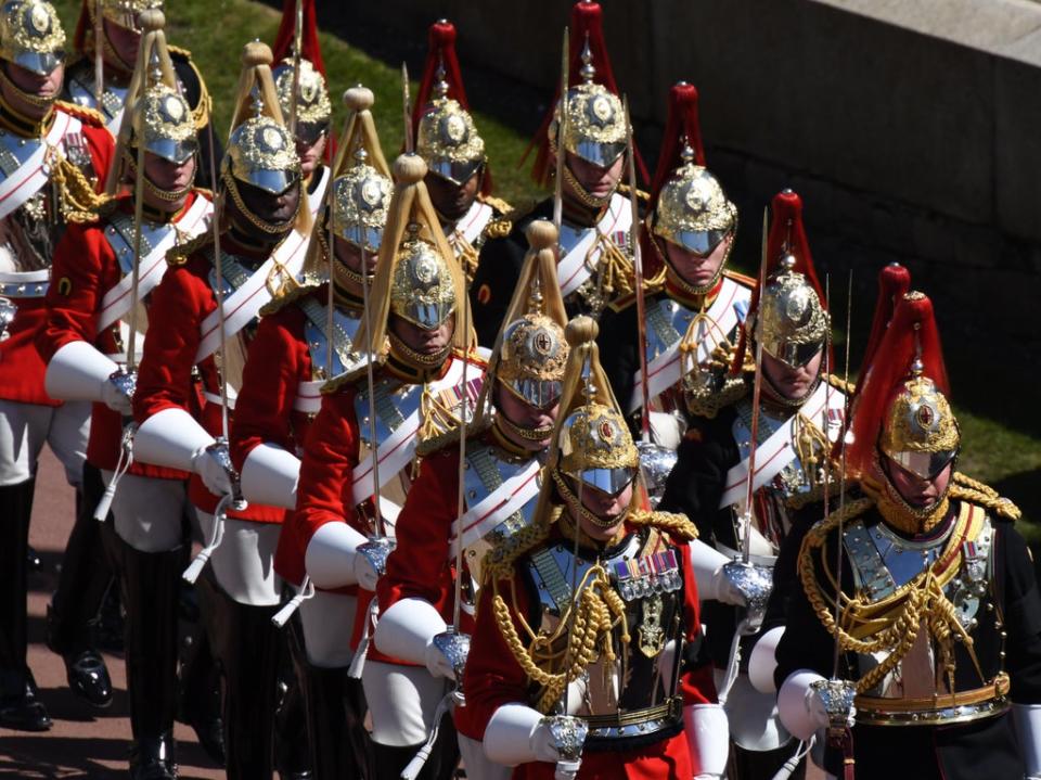 All those involved belong to the Household Cavalry Mounted Regiment, pictured at Prince Philip’s funeral, which is often tasked with guarding the Queen (Getty)