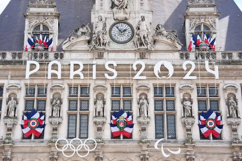 Olympic branding affixed to the Hotel de Ville ahead of the Paris Olympic Games 2024