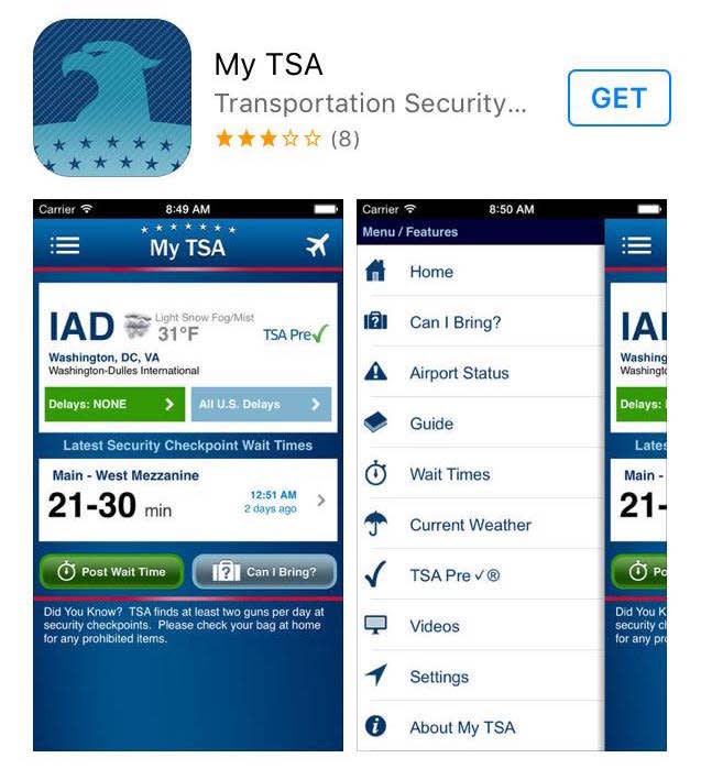 <a href="https://itunes.apple.com/us/app/my-tsa/id380200364?mt=8" target="_blank">My TSA</a> was developed by the Transportation Security Administration itself, with a handy search feature that tells you whether certain items are accepted in carry-on luggage. You can also view real-time wait estimates for most airport security lines, to prepare for the slog before you arrive.