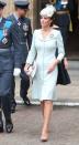<p>The Duchess <a href="https://www.townandcountrymag.com/society/tradition/a22100784/kate-middleton-raf-100-celebration-dacre-brooch-pale-blue-dress/" rel="nofollow noopener" target="_blank" data-ylk="slk:made a surprise appearance;elm:context_link;itc:0;sec:content-canvas" class="link ">made a surprise appearance</a> at the RAF Centenary Service, which was held today in London. Kate wore a pale blue Alexander McQueen dress with a Sean Barrett hat. She accessorized with nude pumps, a cream-colored clutch, and a Royal Air Force Dacre brooch.</p>
