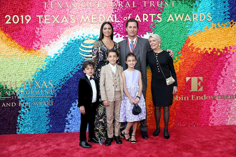 Camila Alves and Matthew McConaughey with their children, from left, Livingston, Levi and Vida, and his mother, Kay McConaughey take a family snapshot at the Texas Medal Of Arts Awards, where he was honored, on Feb. 27, 2019, in Austin, Texas. (Photo by Gary Miller/Getty Images)
(Photo: Gary Miller/Getty Images)