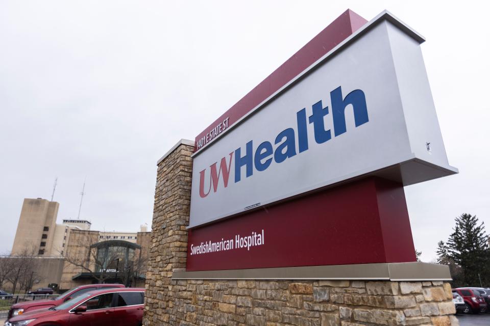 The UW Health SwedishAmerican Hospital sign guides patients into the parking lot on Monday, April 1, 2024, on East State Street in Rockford.