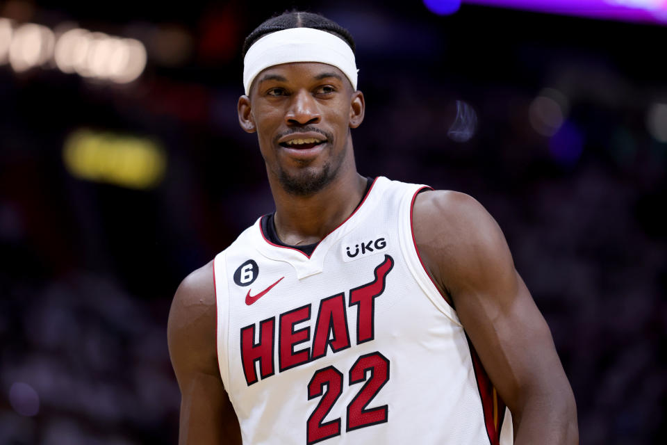 Jimmy Butler of the Miami Heat looks on during Game 3 against the Boston Celtics on May 21. (Megan Briggs/Getty Images)