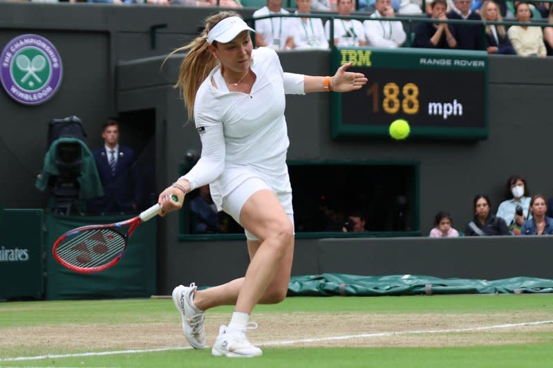 Croatia's Donna Vekic plays a forehand against New Zealand's Lulu Sun in the Wimbledon 2024 quarterfinals Tuesday in London. Photo by Hugo Philpott/UPI