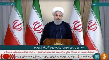 Iran's President Hassan Rouhani speaks about the nuclear deal in Tehran, Iran May 8, 2018 in this still image taken from video. IRINN/Reuters TV via REUTERS