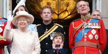 <p>Queen Elizabeth, James, Viscount Severn, Prince Harry, and Prince Philip stand on the balcony of Buckingham Palace during the annual Trooping the Colour. </p>