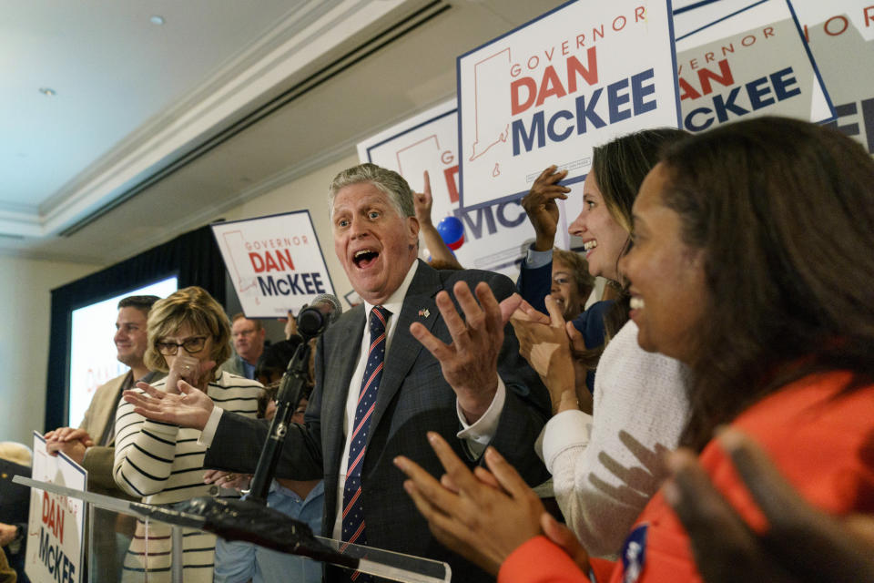 Rhode Island Gov. Dan McKee gives an acceptance speech in front of supporters at a primary election night watch party in Providence, R.I., Tuesday, Sept. 13, 2022. (AP Photo/David Goldman)