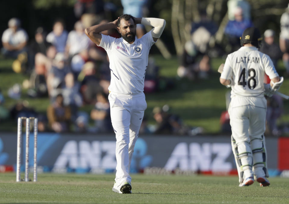 Indian bowler Mohammed Shami reacts during play on day one of the second cricket test between New Zealand and India at Hagley Oval in Christchurch, New Zealand, Saturday, Feb. 29, 2020. (AP Photo/Mark Baker)