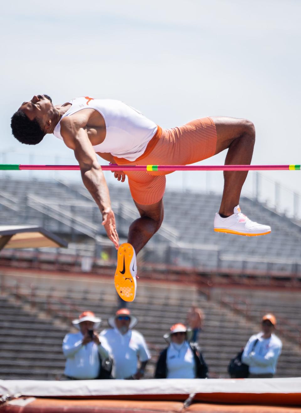 Texas senior decathlete Leo Neugebauer completed the high jump by clearing 6 feet, 8¾ inches, a personal second-best.