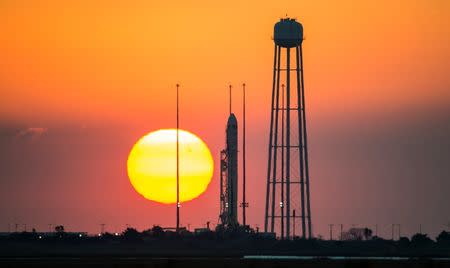 The Orbital Sciences Corporation Antares rocket, with the Cygnus spacecraft onboard, is seen on launch Pad-0A at sunrise at NASA's Wallops Flight Facility, Virginia, October 26, 2014. REUTERS/NASA/Joel Kowsky/Handout via Reuters