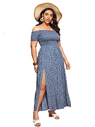 9) Boho Floral Print Off Shoulder Split Long A-Line Dress