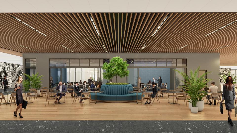 As seen in an artist's renderings, the interior mall space at Headquarters Plaza, renamed HQ Plaza, will undergo a $7 million renovation to add more open spaces, conference rooms and amenities throughout the concourse between its three office towers and the Hyatt Regency hotel.