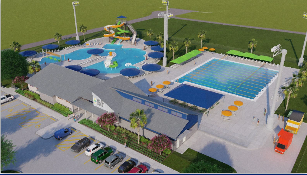 A northern aerial view of the planned Bill Witt Aquatic Center is shown in this illustration. Construction on the aquatic center is estimated to conclude in June. The project was largely funded through a bond voters approved in 2022.