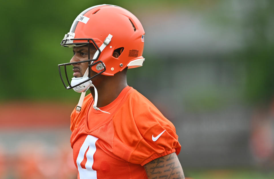 Cleveland Browns quarterback Deshaun Watson (4) watches a play during minicamp at CrossCountry Mortgage Campus.  Mandatory Credit: Ken Blaze - USA TODAY Sports