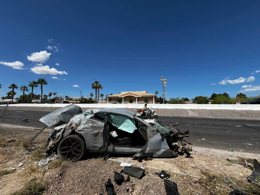 The wreckage of a Dodge Challenger that crashed during a street race on Jones Boulevard, north of Sahara Avenue.  (Las Vegas Metropolitan Police Department)