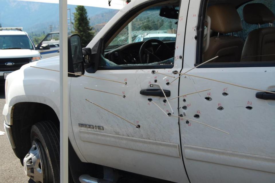 Bullet holes speckle the pickup driven by Soobleej Kaub Hawj after the June 28, 2021 shooting in Big Springs in Siskiyou County.