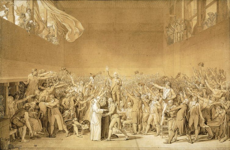 <span class="caption">The Tennis Court Oath: game, set and match to parliamentarians.</span> <span class="attribution"><a class="link " href="https://en.wikipedia.org/wiki/Tennis_Court_Oath#/media/File:Le_Serment_du_Jeu_de_paume.jpg" rel="nofollow noopener" target="_blank" data-ylk="slk:Wikipedia;elm:context_link;itc:0;sec:content-canvas">Wikipedia</a></span>