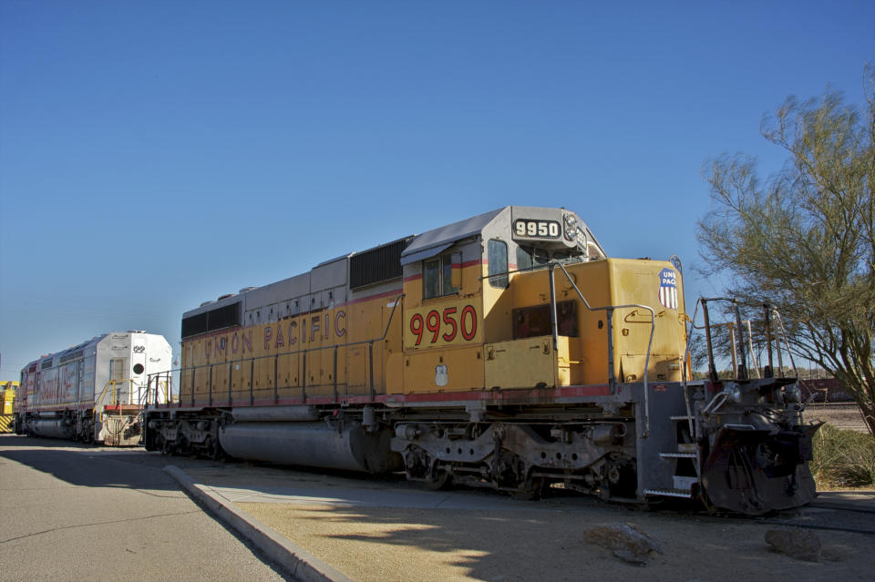 Union Pacific locomotive on display at the Harvey house railroad depot in Barstow, California 