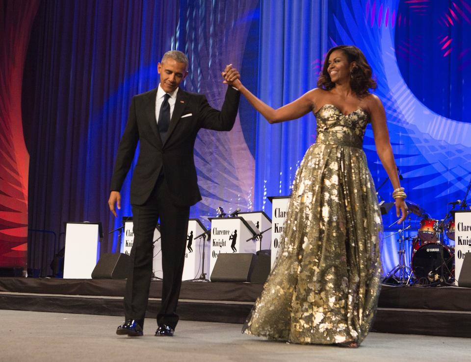 <a href="http://www.popsugar.com/celebrity/Barack-Michelle-Obama-Black-Caucus-Awards-Dinner-2016-42410600" target="_blank">Wearing Naeem Khan</a> at the Congressional Black Caucus Foundation's Phoenix Awards Dinner in Washington, D.C. on Sept. 17.