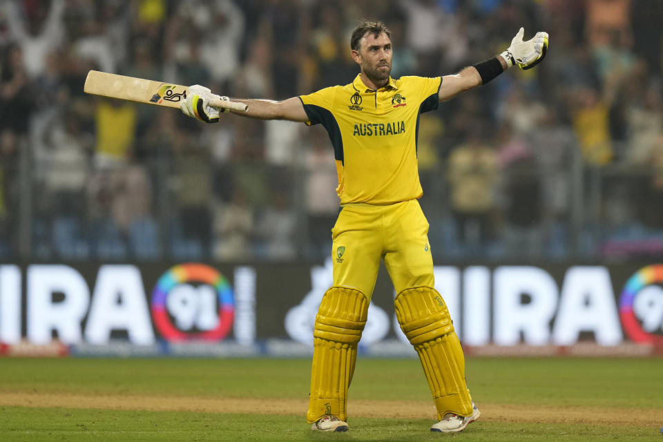 Australia's Glenn Maxwell celebrates after their win in the ICC Men's Cricket World Cup match against Afghanistan in Mumbai, India, Tuesday, Nov. 7, 2023. (AP Photo/Rajanish Kakade)