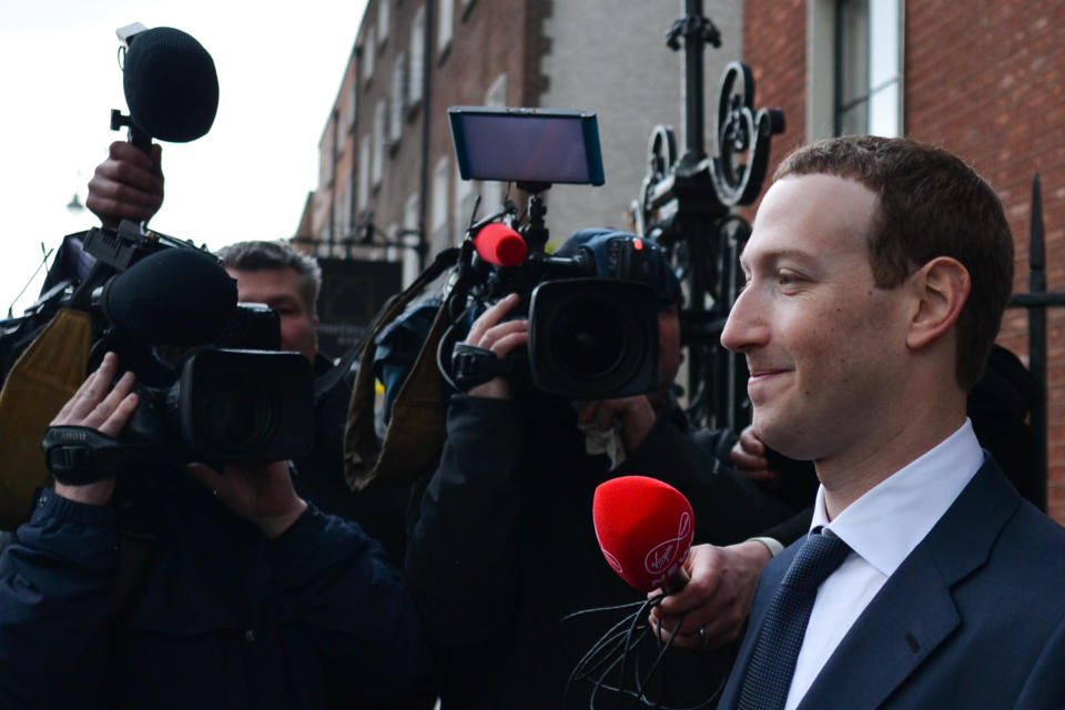 Facebook Chief Executive Officer and founder, Mark Zuckerberg, leaving the Merrion Hotel in Dublin after meeting with Irish politicians to discuss regulation of social media, transparrency in political advertising and the safety of young people and vulnerable adults. On Tuesday, April 2, 2019, in Dublin, Ireland. (Photo by Artur Widak/NurPhoto via Getty Images)