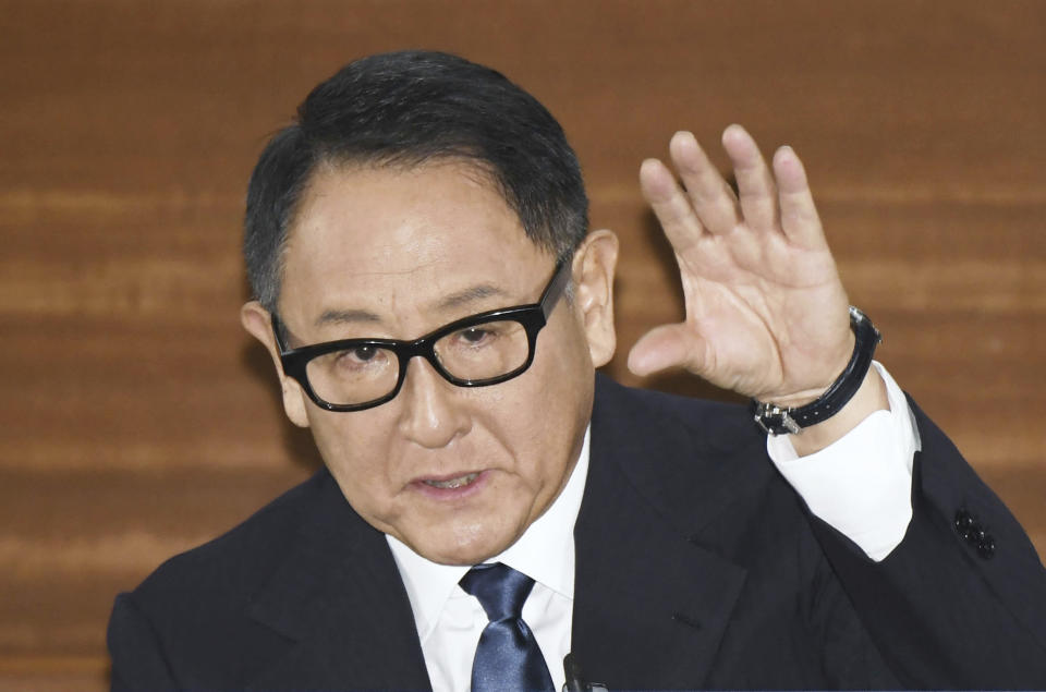 Toyota Chairman Akio Toyoda speaks during a news conference in Nagoya, central Japan, Tuesday, Jan. 30, 2024. Hours after Japanese transport officials raided the plant of a Toyota group company on Tuesday to investigate cheating on engine testing, Toyoda vowed to steer the company out of scandal and ensure the Japanese automaker sticks to “making good cars.” (Kyodo News via AP)