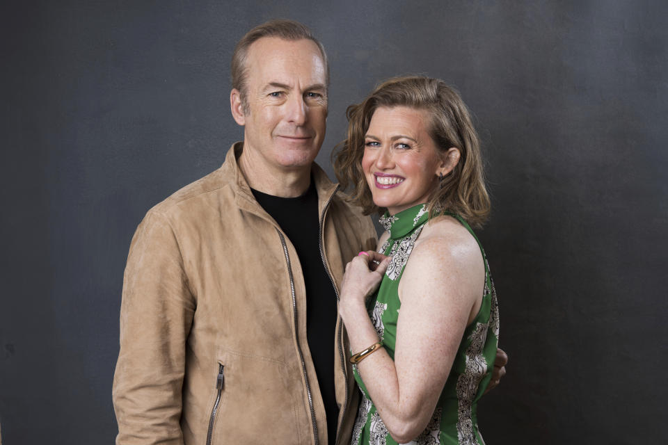 FILE - Bob Odenkirk, left, and Mireille Enos, cast members in the AMC television series "Lucky Hank," poses for a portrait during the Winter Television Critics Association Press Tour in Pasadena, Calif., Jan. 10, 2023. (Willy Sanjuan/Invision/AP, File)