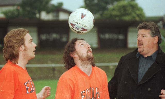 Warming up before a charity football match in aid of the Calton Athletic  drugs rehabilition and prevention project are actors (l/r), Ewan McGregor, Phil Kay and  Robbie Coltrane on June 11 1997