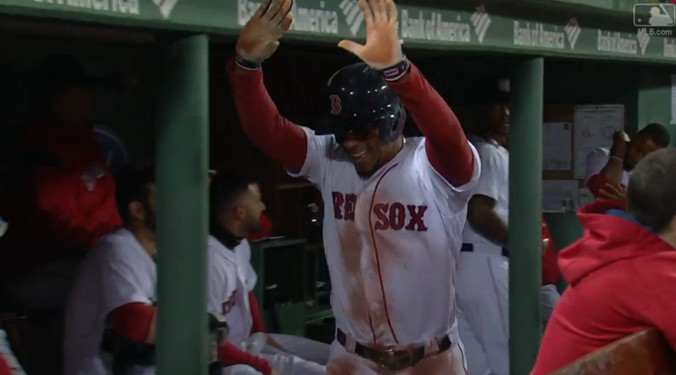 After hitting his first home run of 2017, Xander Bogaerts finds no one wants to celebrate with him in the dugout. (MLB.com)