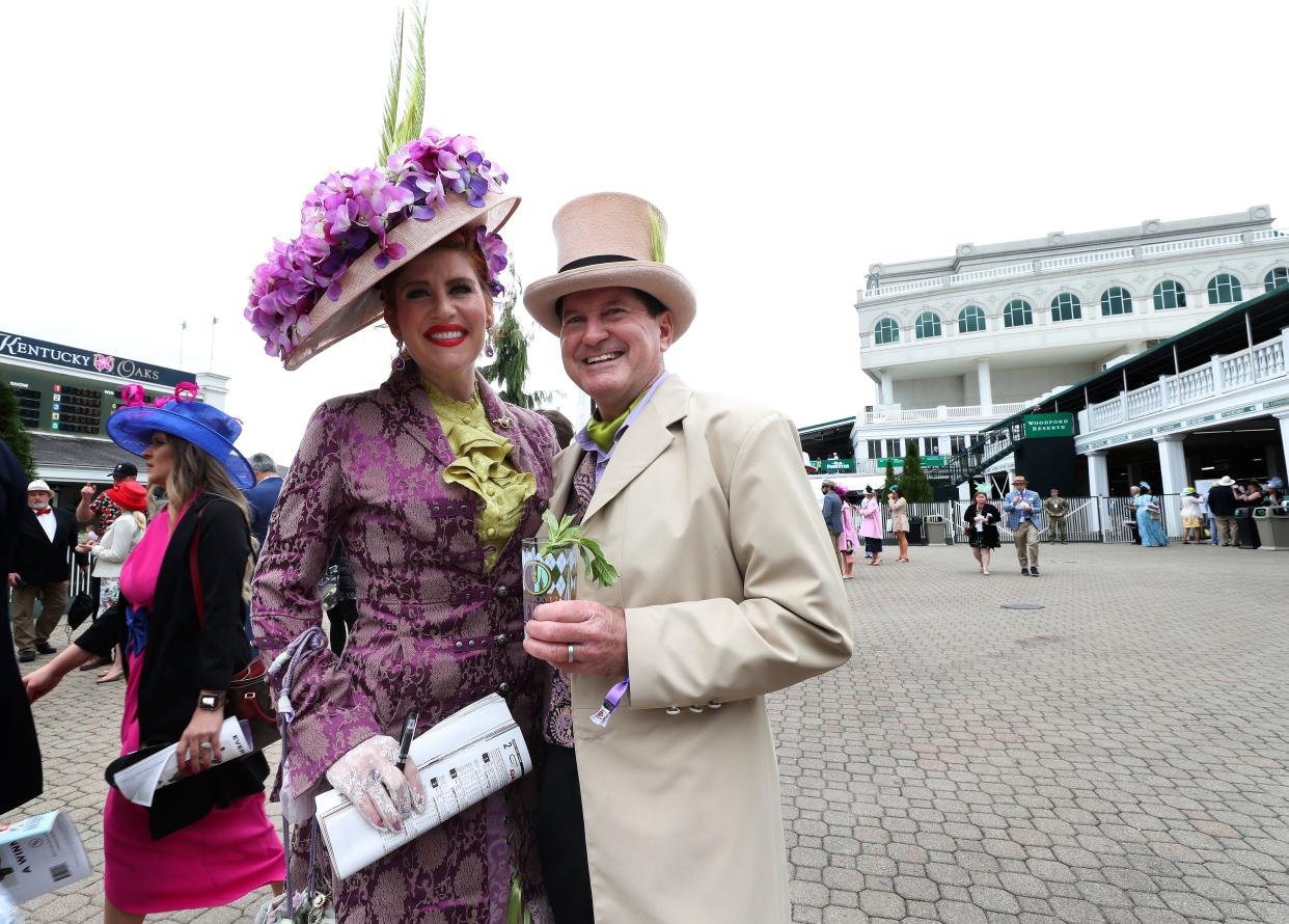 Carrie Ketterman, left, and Jeff Ketterman in the paddock on Derby Day at Churchill Downs in Louisville, Ky. on May 7, 2022.  They were part of the Derby entertainment.