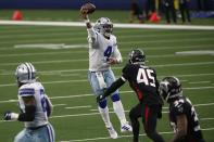 Dallas Cowboys quarterback Dak Prescott (4) throws a pass under pressure fro Atlanta Falcons linebacker Deion Jones (45) in the second half of an NFL football game in Arlington, Texas, Sunday, Sept. 20, 2020. (AP Photo/Ron Jenkins)