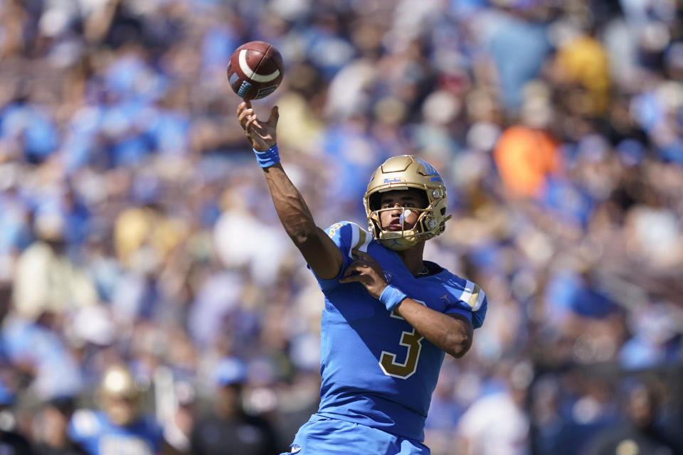 UCLA quarterback Dante Moore throws a pass during the first half of an NCAA college football game against Washington State, Saturday, Oct. 7, 2023, in Pasadena, Calif. (AP Photo/Ryan Sun)