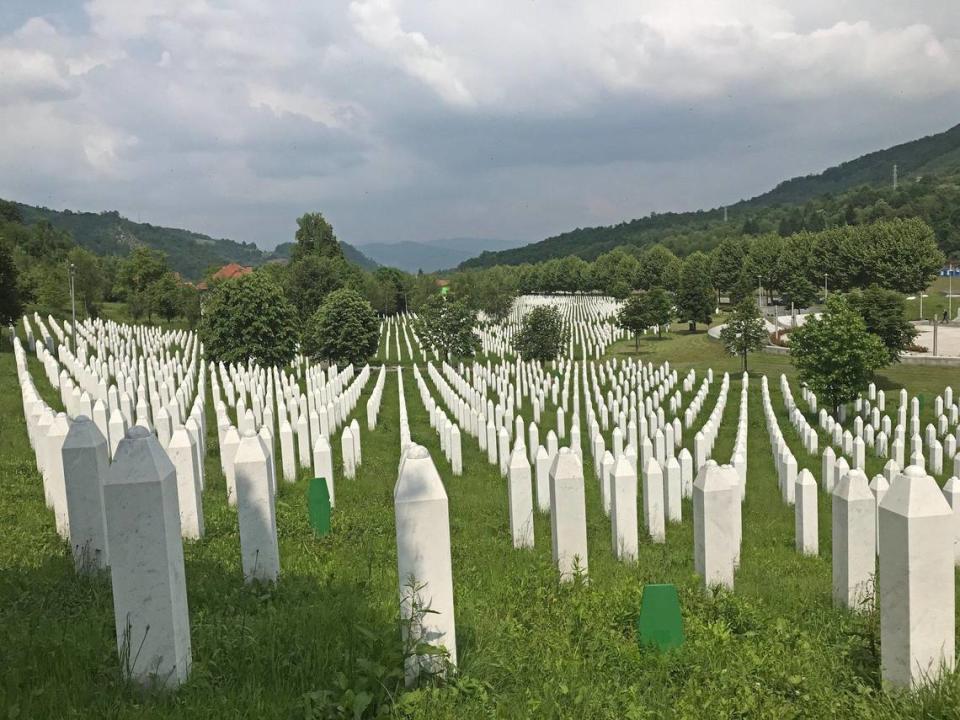 A gravesite at the Srebrenica–Potočari Memorial in Bosnia for all the people, mostly men and boys, killed in July 1995.