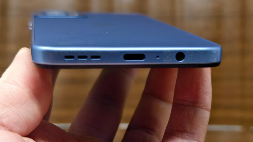 The Moto G34's USB-C port and headphone jack.