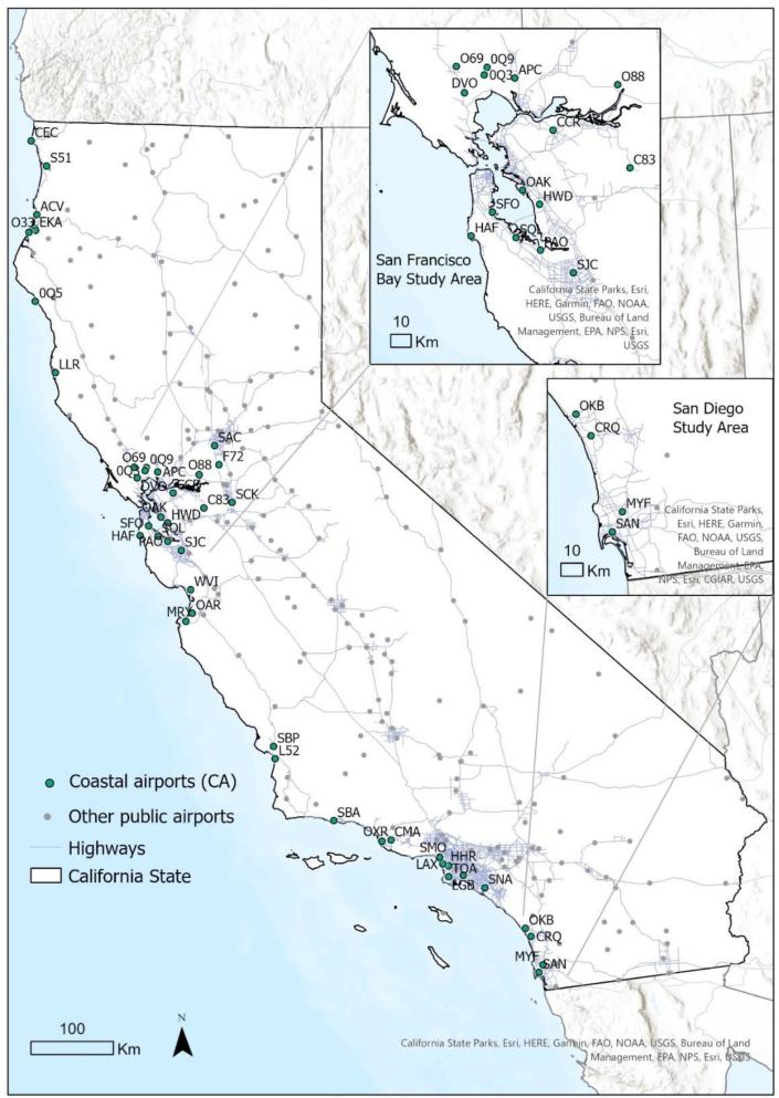 California coastal airports.  / Credit: Assessing Cross-Sector and Multi-Scalar Exposure to Advance Climate Adaptation Policy: The Case of Future California Airport Coastal Flooding