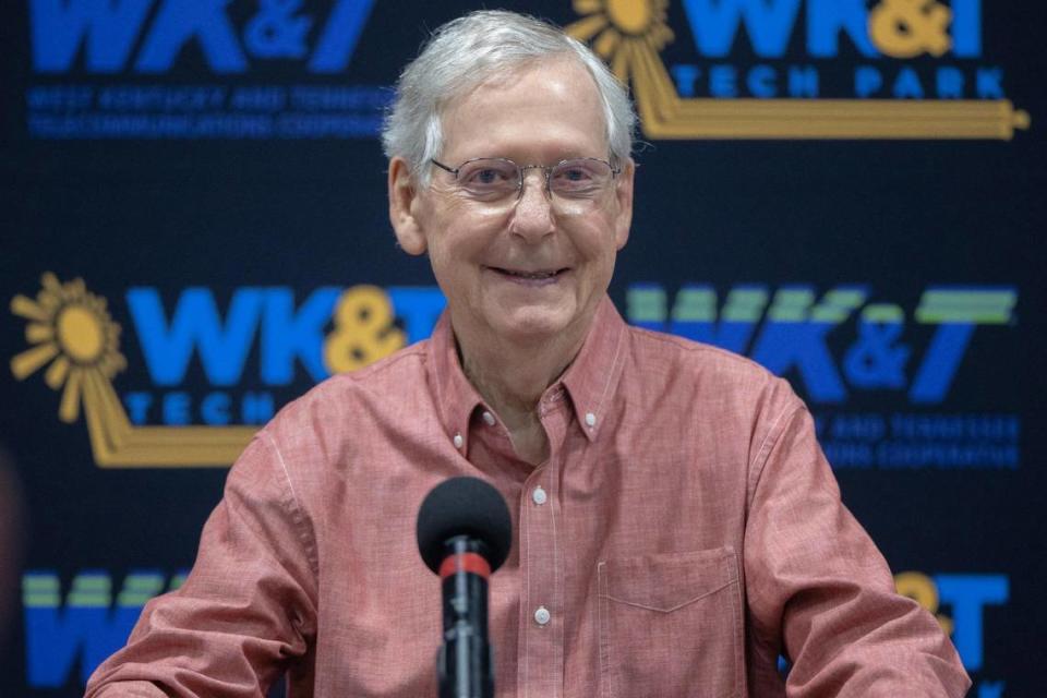 Senate Minority Leader Mitch McConnell (R-Ky.) smiles while giving speaking at the Graves County Republican Party Breakfast at WK&T Technology Park in Mayfield, Ky., on Saturday, Aug. 5, 2023.