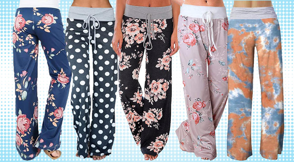 models in pants in five different patterns on blue background