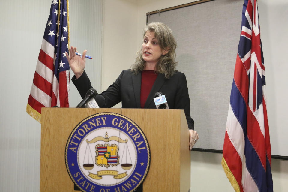 FILE - In this Feb. 12, 2019, file photo, Hawaii Attorney General Clare Connors speaks during a news conference in Honolulu. Native Hawaiians whose protests stopped one of the world's most advanced telescopes from being built in Hawaii are objecting to President Joe Biden's choice for U.S. attorney in the 50th state. They say Clare Connors, as state attorney general, treated dozens of elders who who were practicing their constitutionally protected right to protest as criminals when her office prosecuted them for blocking a road to the construction site on the state's tallest mountain. (AP Photo/Caleb Jones, File)