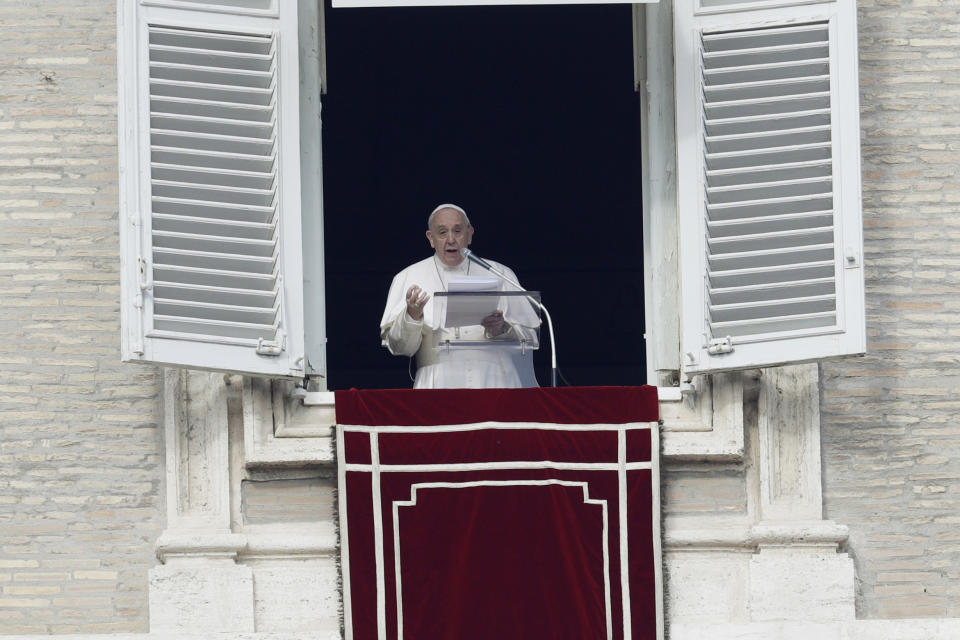 Pope Francis delivers his message during the Angelus noon prayer in St. Peter's Square at the Vatican, Sunday, Feb. 9, 2020. (AP Photo/Gregorio Borgia)