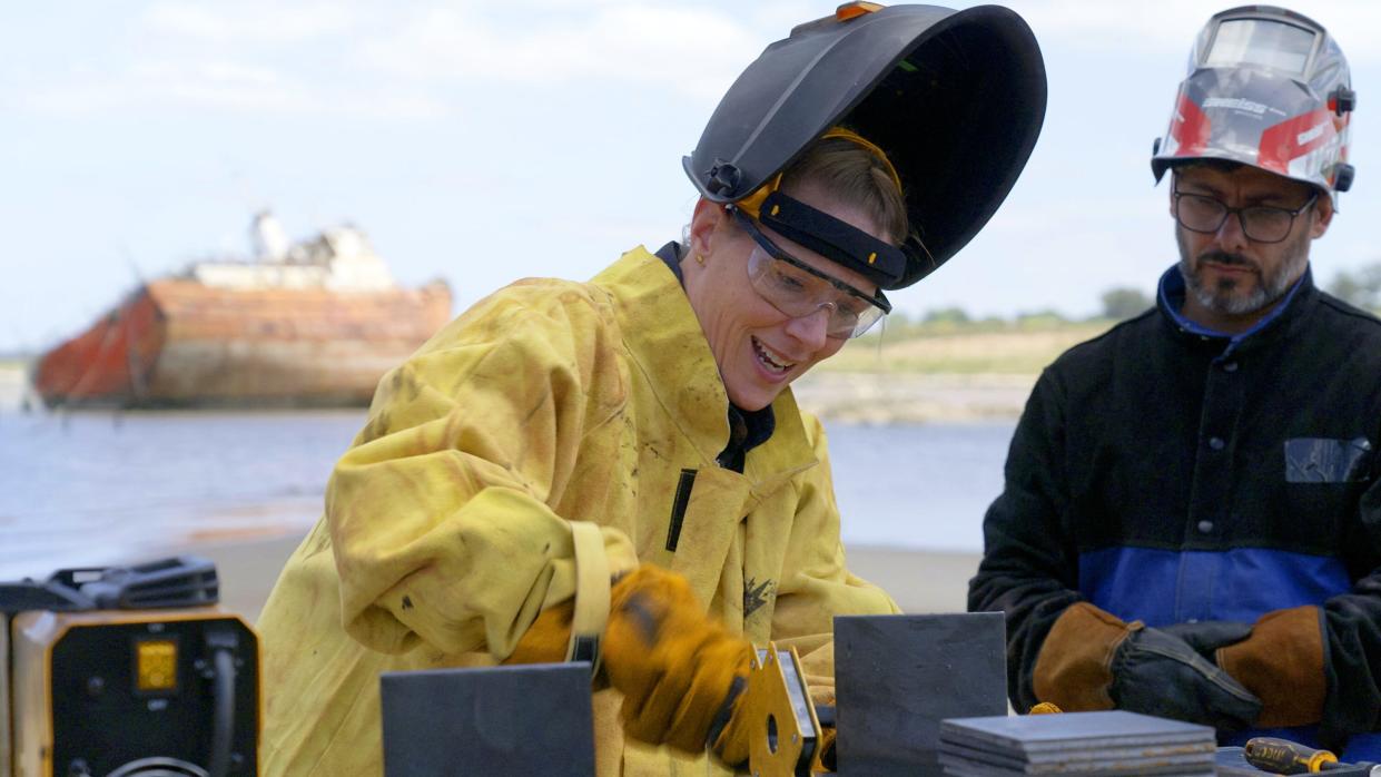 Sunny Pulver of Edgerton, Wisconsin, participates in the Roadblock challenge during the seventh episode of "The Amazing Race" in Montevideo, Uruguay. The episode aired on Wednesday, April 24, 2024.