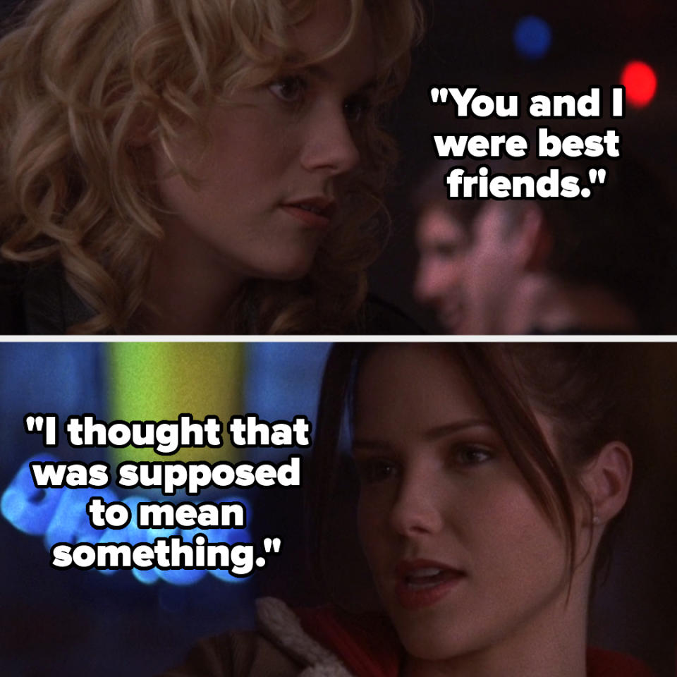 Two characters from a TV show in a dialogue scene with subtitles expressing feelings of lost friendship