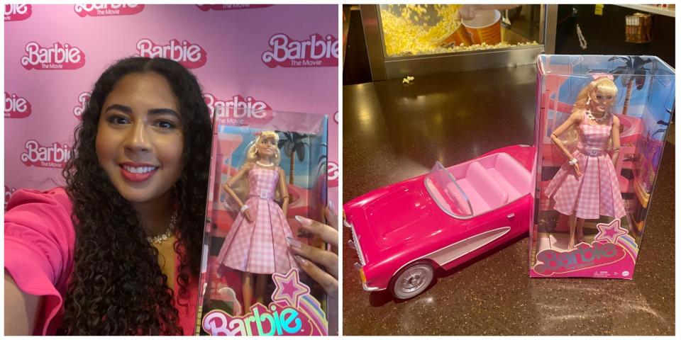 Melissa takes selfie with Barbie doll; Barbie doll and toy pink convertible.