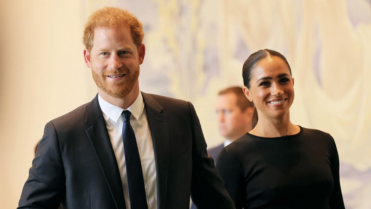 Prince Harry, Duke of Sussex and Meghan, Duchess of Sussex arrive at the United Nations Headquarters on July 18, 2022 in New York City. Prince Harry, Duke of Sussex is the keynote speaker during the United Nations General assembly to mark the observance of Nelson Mandela International Day where the 2020 U.N. Nelson Mandela Prize will be awarded to Mrs. Marianna Vardinogiannis of Greece and Dr. Morissanda Kouyaté of Guinea.