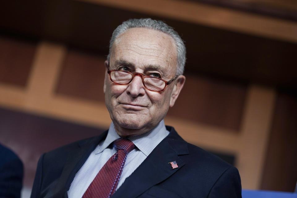 FILE -Senate Majority Leader Chuck Schumer, D-N.Y., speaks to reporters after a closed-door policy meeting, at the Capitol in Washington, Tuesday, Aug. 2, 2022. Schumer effectively became the leader of the U.S. Senate on the morning of the Jan. 6, 2021 Capitol insurrection. And it has been mess and tumultuous ever since. Yet the New York Democrat has led the Senate in a surprisingly productive run, despite the longest evenly split 50-50 Senate in U.S. history. (AP Photo/J. Scott Applewhite, File)