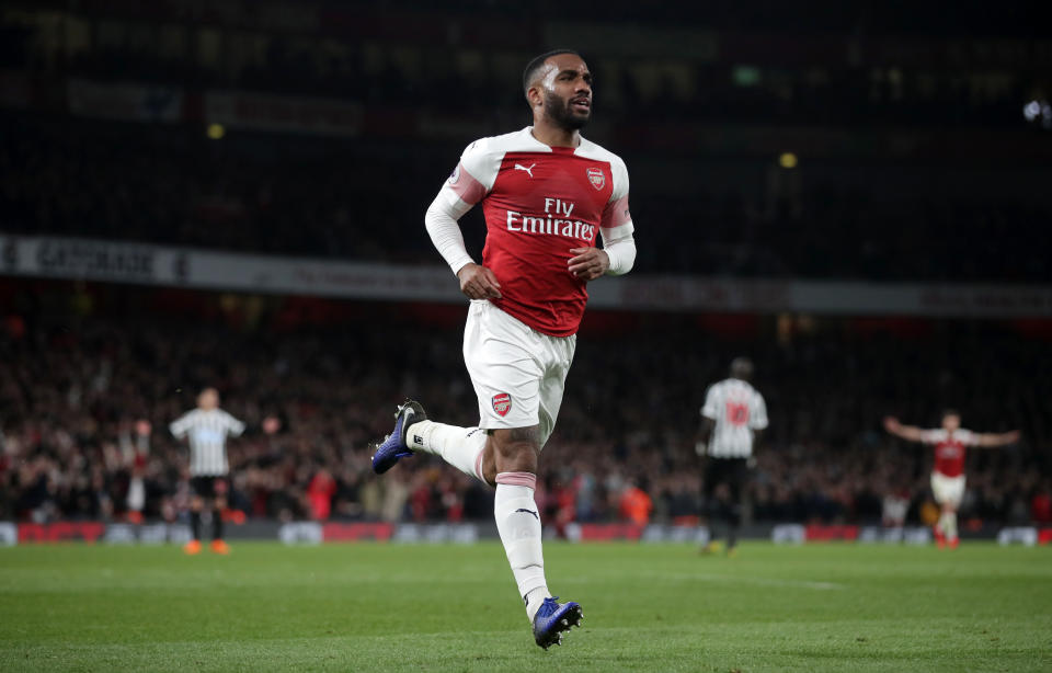 Arsenal’s Alexandre Lacazette celebrates scoring his side’s second goal of the game during the Premier League match at the Emirates Stadium, London. (Photo by Adam Davy/PA Images via Getty Images)